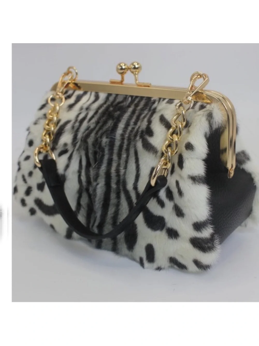 Luxury Mink Fur Leopard Print Handbag Small Kiss Lock Purse With Gold new - Picture 2 of 9